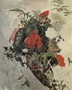Mikhail Vrubel Red Flowers and Begonia Leaves in a basket oil on canvas